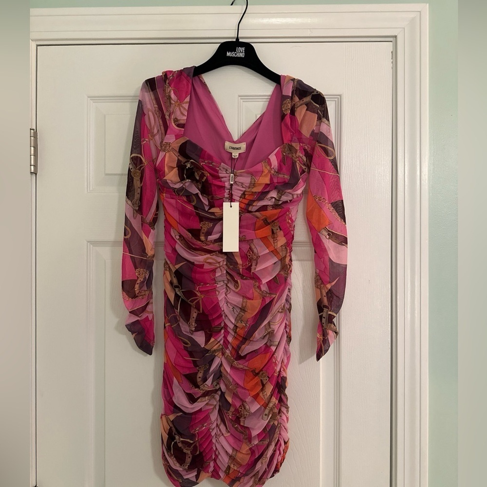 L’AGENCE Lolisa Bodycon Mini Dress Pink Purple Abstract Pattern 0 4 NWT Clubwear